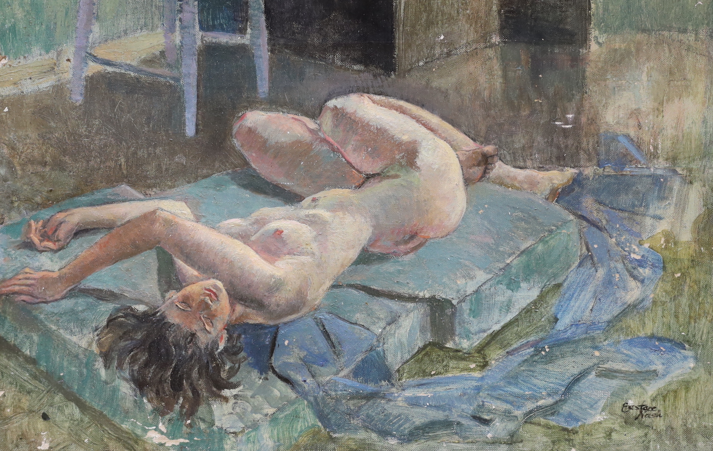 Eustace Pain Elliott Nash (1886-1969), oil on canvas, Recumbent nude, signed with label verso, 30 x 46cm